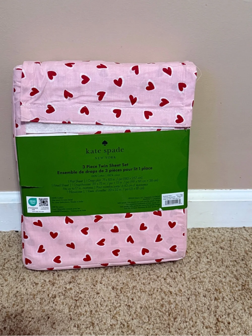 kate spade Pink Sheet Set with Red Heart Print